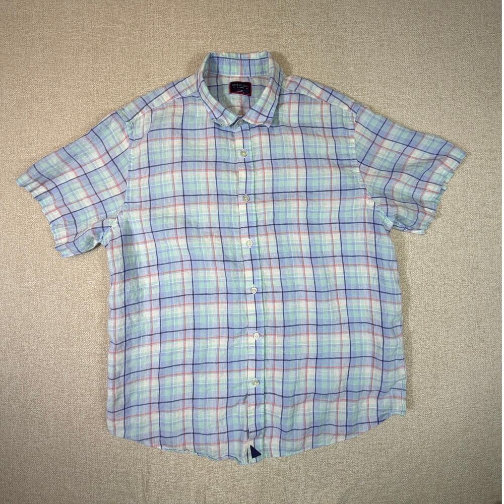 UNTUCKit Mens XL White Blue Plaid 100% Linen Short Sleeve Button Front Shirt Fit